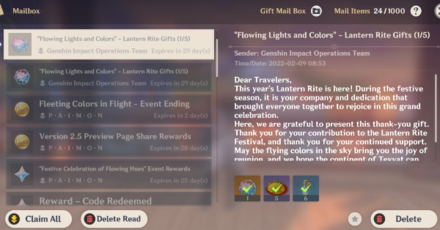 Genshin - Flowing Lights and Colors - Day 1 Mail Claim