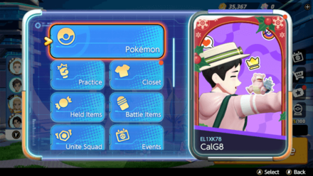 Pokemon UNITE - Holowear Pick Pokemon Tab in Main Menu.png