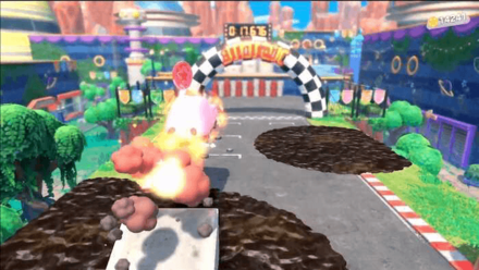 Kirby and the Forgotten Land - Use the jumping platform near the end of the race