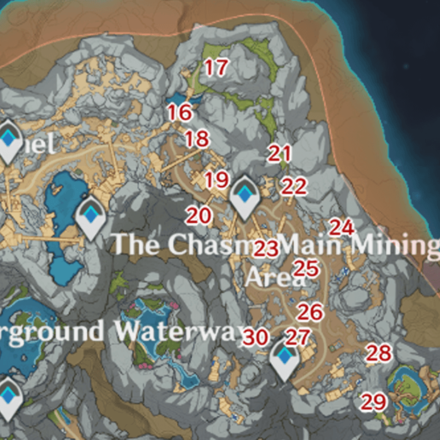 Genshin - The Chasm - Lumenspar Locations - 16 to 30 The Chasm Main Mining Area