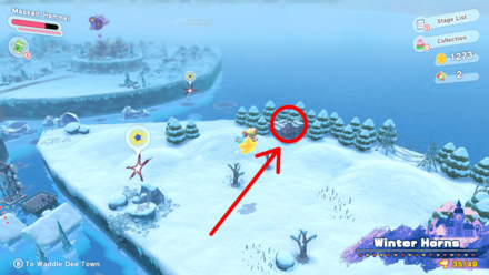 Kirby and the Forgotten Land - Car Mouth (Winter Horns) Treasure Road Exact Location.png