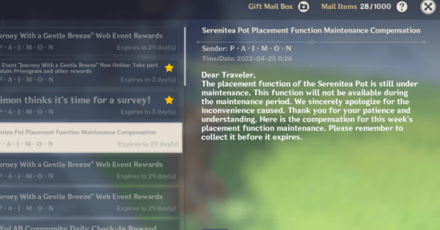 Genshin - Serenitea Pot Placement Function Maintenance - Maintenance Compensation