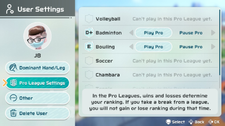 Nintendo Switch Sports - Pro League Settings