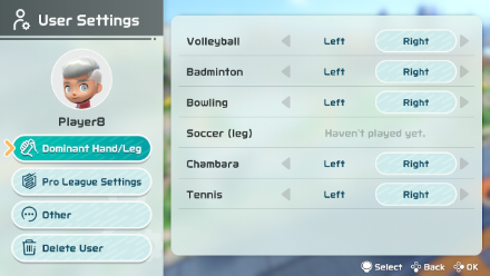 Nintendo Switch Sports - Dominant Hand Settings