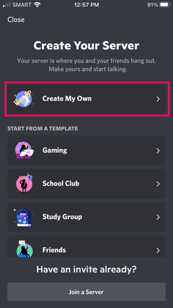 Setting Up Discord - Creating a Server - Selecting Create My Own