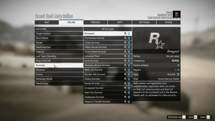 Grand Theft Auto Online (GTA Online) - Survival Missions Online Menu