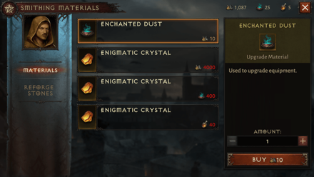 Diablo Immortal - Purchase Enchanted Dust Smithing Materials Vendor