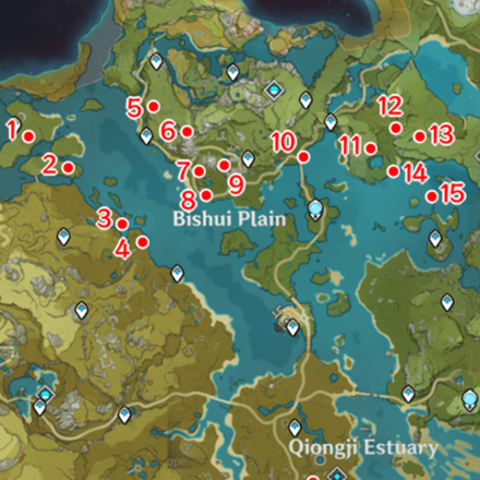 Genshin - Liyue Ley Line Outcrops Map - Bishui Plains