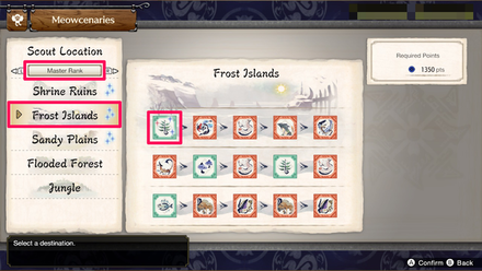 MH Rise Sunbreak - Meowcenaries scout location showing a sparkling herb node in Frost Islands