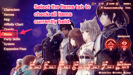 Check what items you currently have in the Pause Menu