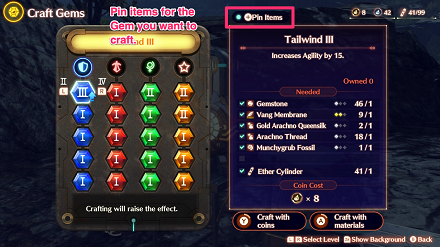 Pin Items on the Gem Crafting screen