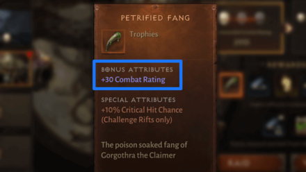 Diablo Immortal - Petrified Fang Stats Combat Rating