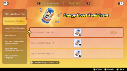 Pokemon UNITE - energy Boost Tank Event Login Bonus Screen