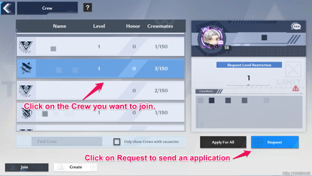Tower of Fantasy - Click on a Crew and Send a Request to Join