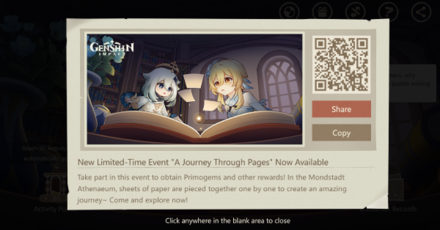 Genshin - A Journey Through Pages - Share Event for Mora