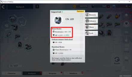 Tower of Fantasy - Equipment Base Stats