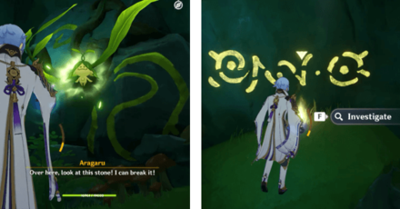 Genshin - Runes behind large green rocks