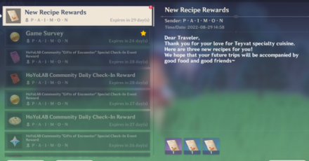 Genshin - 3.0 Recipe Rewards