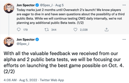 Joe Spector Blizzard Overwatch 2 Beta Tweet
