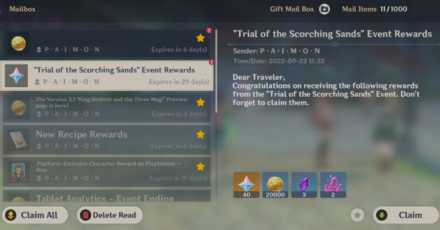 Genshin - Get Rewards from In-Game Mail