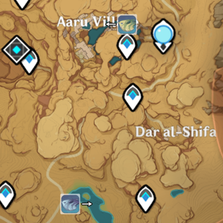 Genshin - End of the Line Refinement Fishing Spot - Desert Aaru Village and Dar al-Shifa