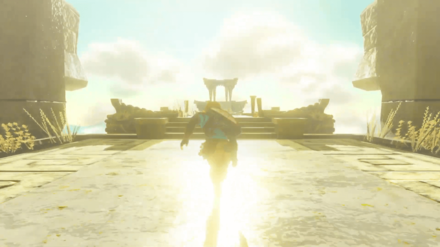 Zelda TotK Link Running Toward an Altar