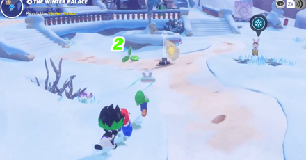 Mario + Rabbids Sparks of Hope - Slide down the slope then keep running ahead to get to the second Green Coin by a Fast Travel Flag.png
