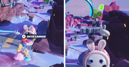 Mario + Rabbids Sparks of Hope - Enter the cannon and launch yourself to get the fourth cluster of Green Coins
