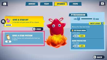 Use Star Potions to level up Sparks quickly