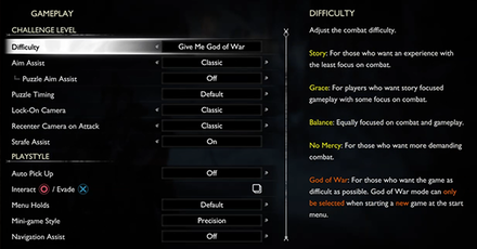 God of War Ragnarok - Gameplay Settings Screen