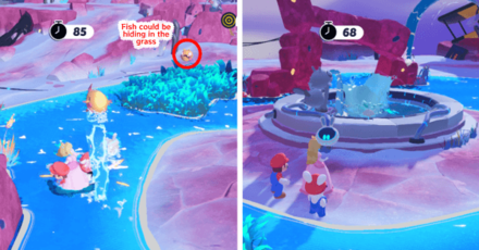 Mario + Rabbids Sparks of Hope - Dash to the fish then throw them in the fountain