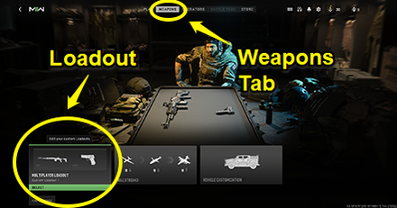 Modern Warfare 2 - Step 1 - Select Multiplayer Loadout Under Weapons Tab
