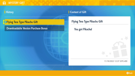 Pokemon Scarlet and Violet SV Flying Tera Type PIkachu Gift Contents.png