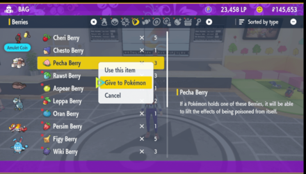 Pecha Berry Menu Screen Pokemon Scarlet and Violet