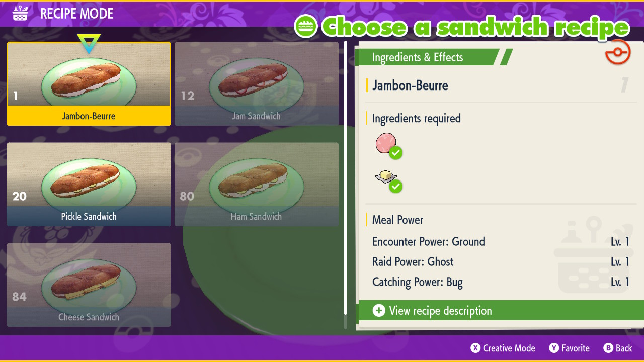 Pokemon Scarlet and Violet Sandwich Recipes List