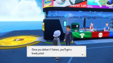 Talking him tolearn how many Trainers need to be defeated, as well as receive your reward