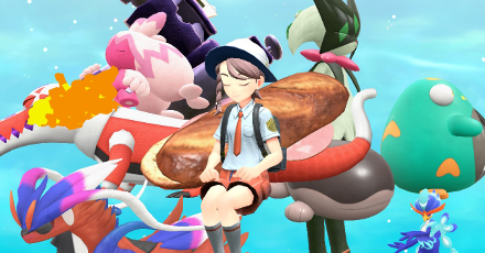Pokemon Scarlet and Violet SV Character and Pokemon Eating Sandwich