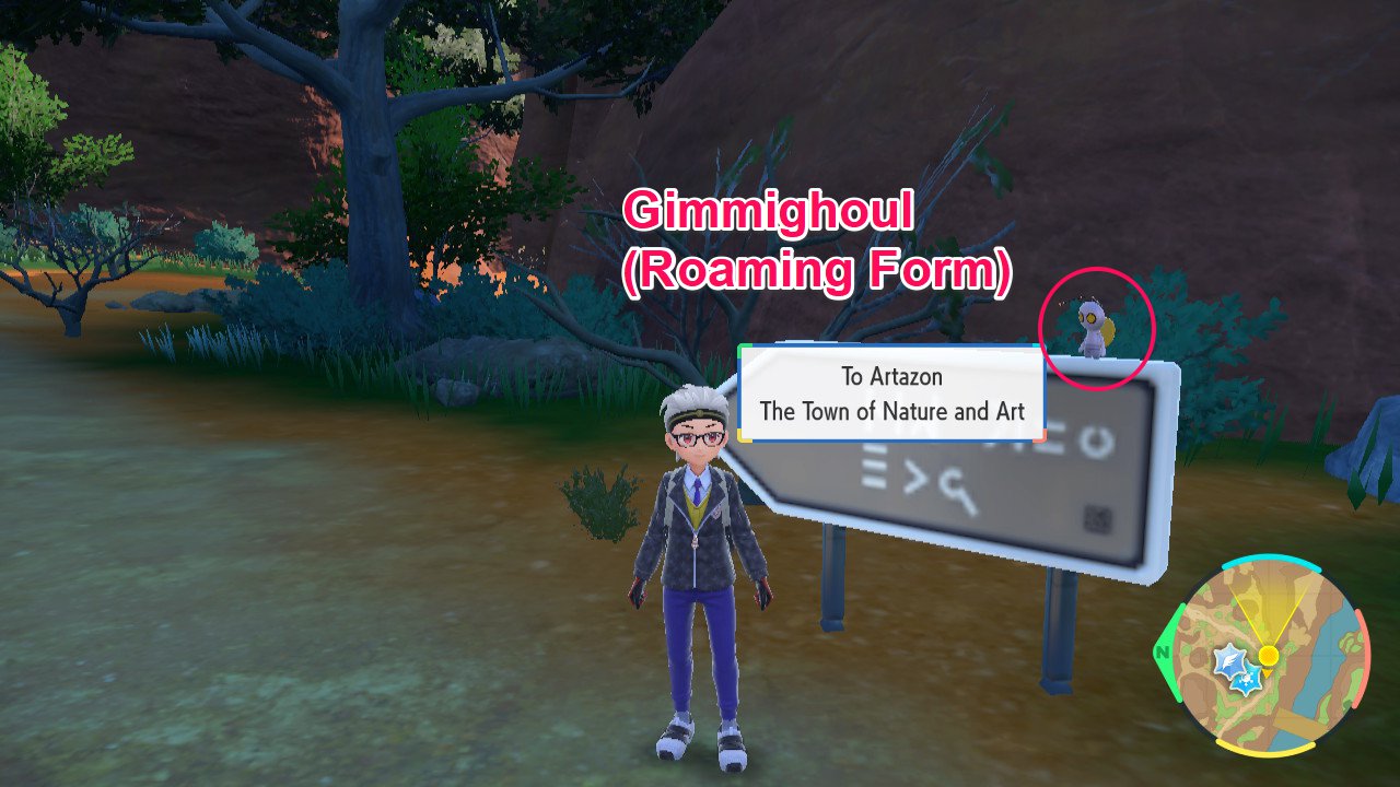 Pokemon SV - Gimmighoul on a signboard