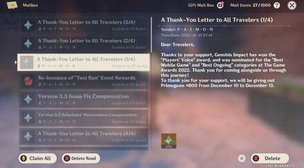 Genshin - The Game Awards in-game mail rewards