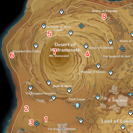 Genshin - Desert of Hadramaveth Hidden Waypoints map