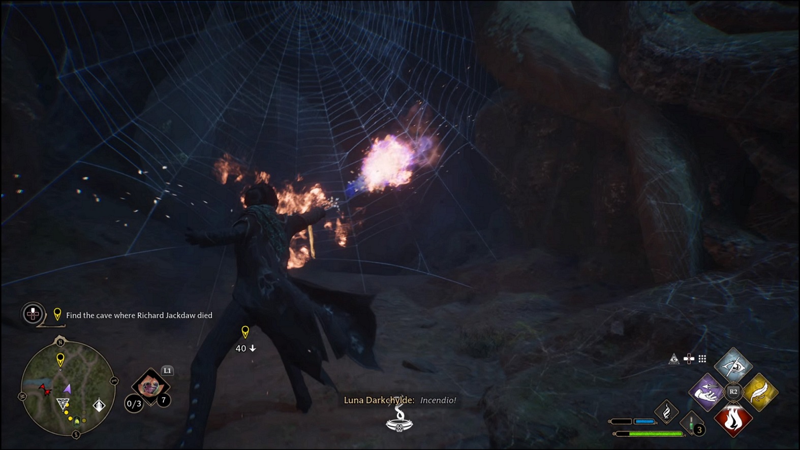 Hogwarts Legacy - Using Incendio on giant cobwebs
