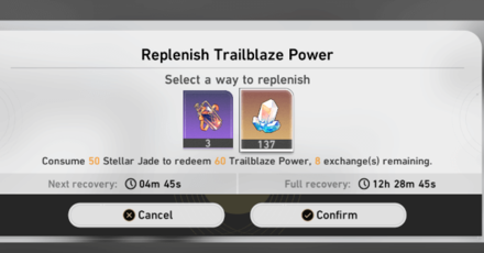 Honkai Star Rail - Use Star Jade or Fuel to replenish Trailblaze Power