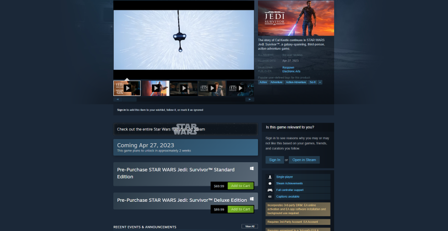 Star Wars Jedi Survivor PC Release Time