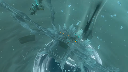 TOTK - Tulin and Link hover above ice spider monster possibly in Hebra new armor for link
