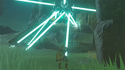 TOTK - Link shoots at Zonai contraption which emits laser beams at a Bokoblin Camp