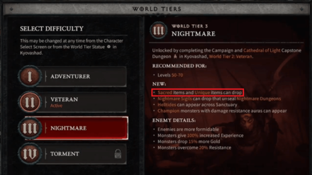 Diablo 4 - Sacred Items Drop from Nightmare World Tier