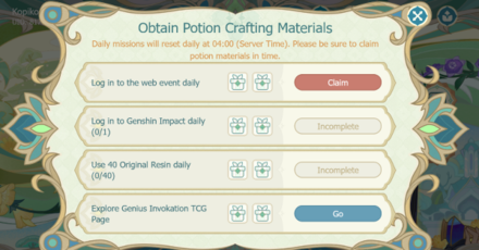 Genshin - Glittering Elixirs - Obtain Potion Crafting Materials