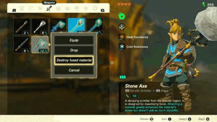 Zelda TotK - Select the Weapon in the Inventory and Choose Destroy Fused Material