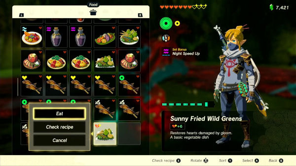 Zelda Tears of the Kingdom TotK - removing gloom-damaged hearts with Sunny Fried Wild Greens