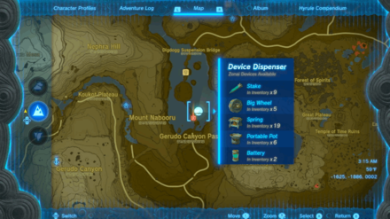 Zelda TotK - Check the map to see the available Zonai Devices in the dispenser